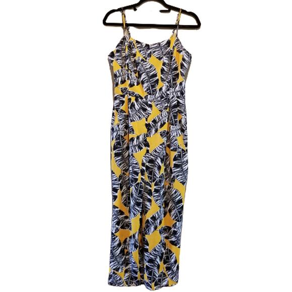 Olive & Oak Pants - Olive + Oak Mustard Yellow Black Leaf Print Cutout Romper Large